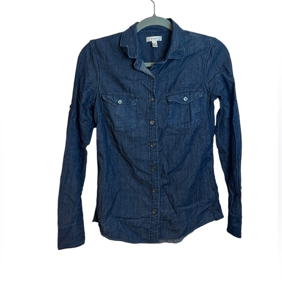 J.Crew Dark Wash Chambray Button Down Top - Picture 1 of 3